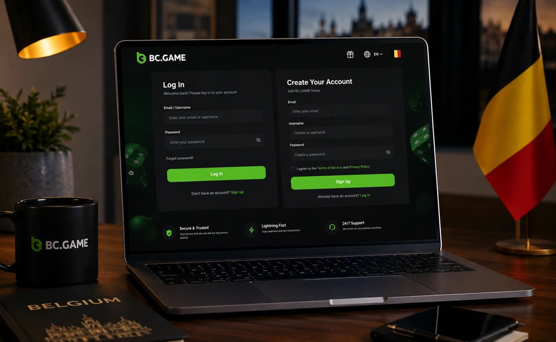BC Game België login- en registratie-interface op een laptop
