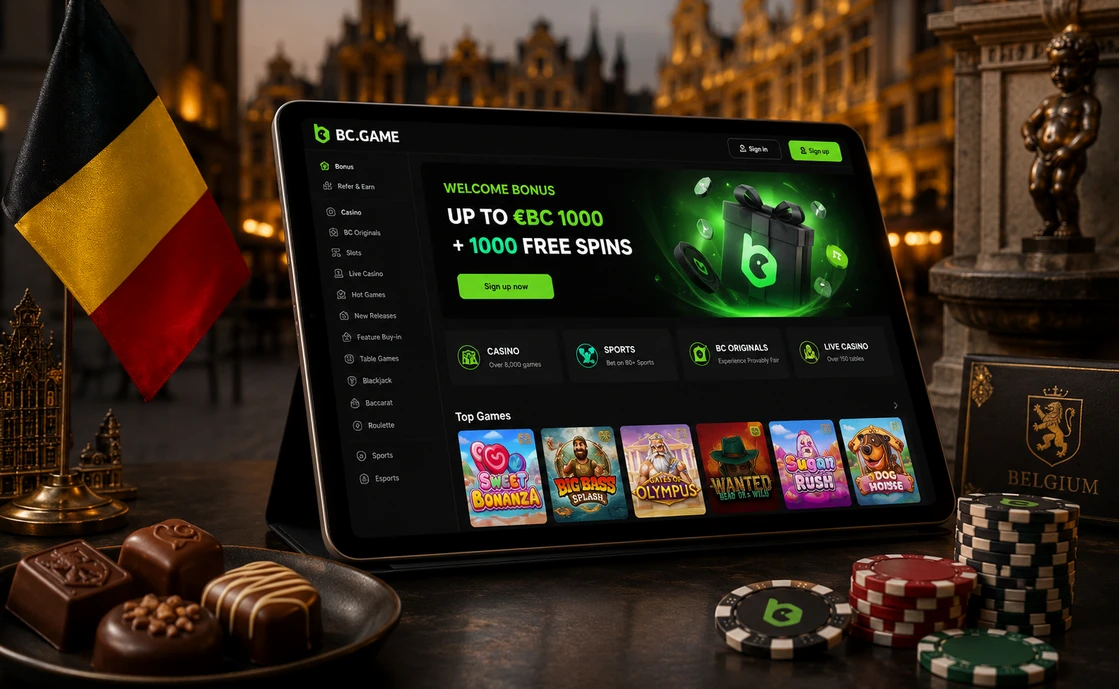 BC Game België website op een tablet met Belgische elementen eromheen